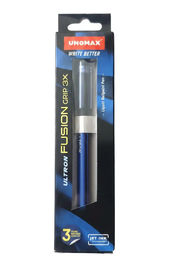 UNOMAX Ultron Fusion Grip 3X jet ink pen in its original retail packaging, featuring a blue and silver pen visible through the window on a white background.