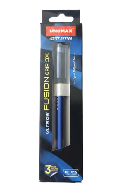UNOMAX Ultron Fusion Grip 3X jet ink pen in its original retail packaging, featuring a blue and silver pen visible through the window on a white background.